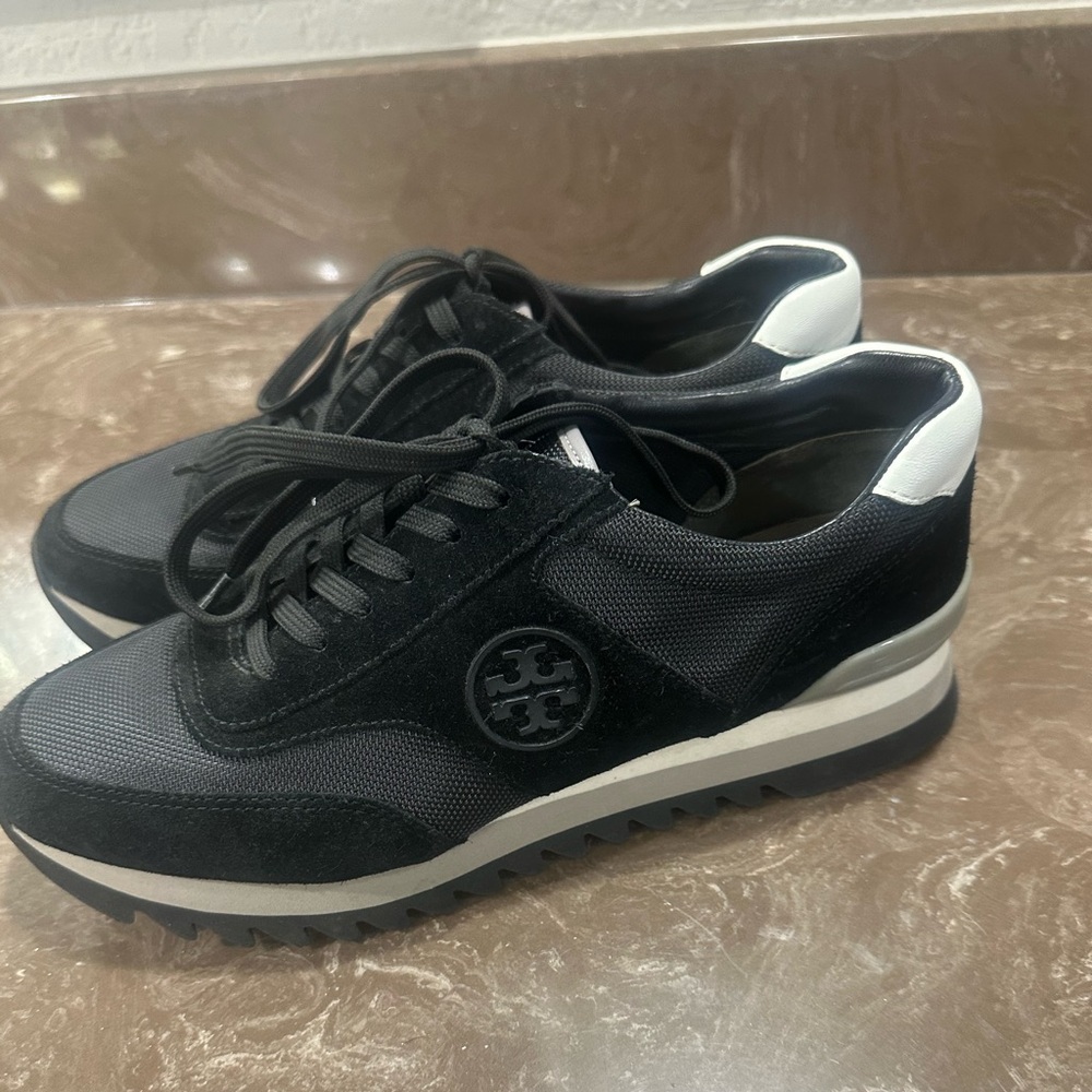Tory Burch Black Mesh and White Trim Sneakers